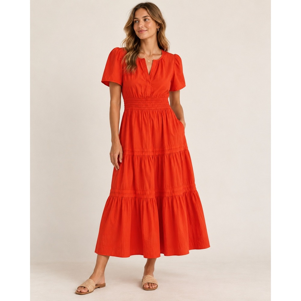 Quince Red Orange Cotton Poplin Tiered Maxi Dress Short Puff Sleeve Smocked L